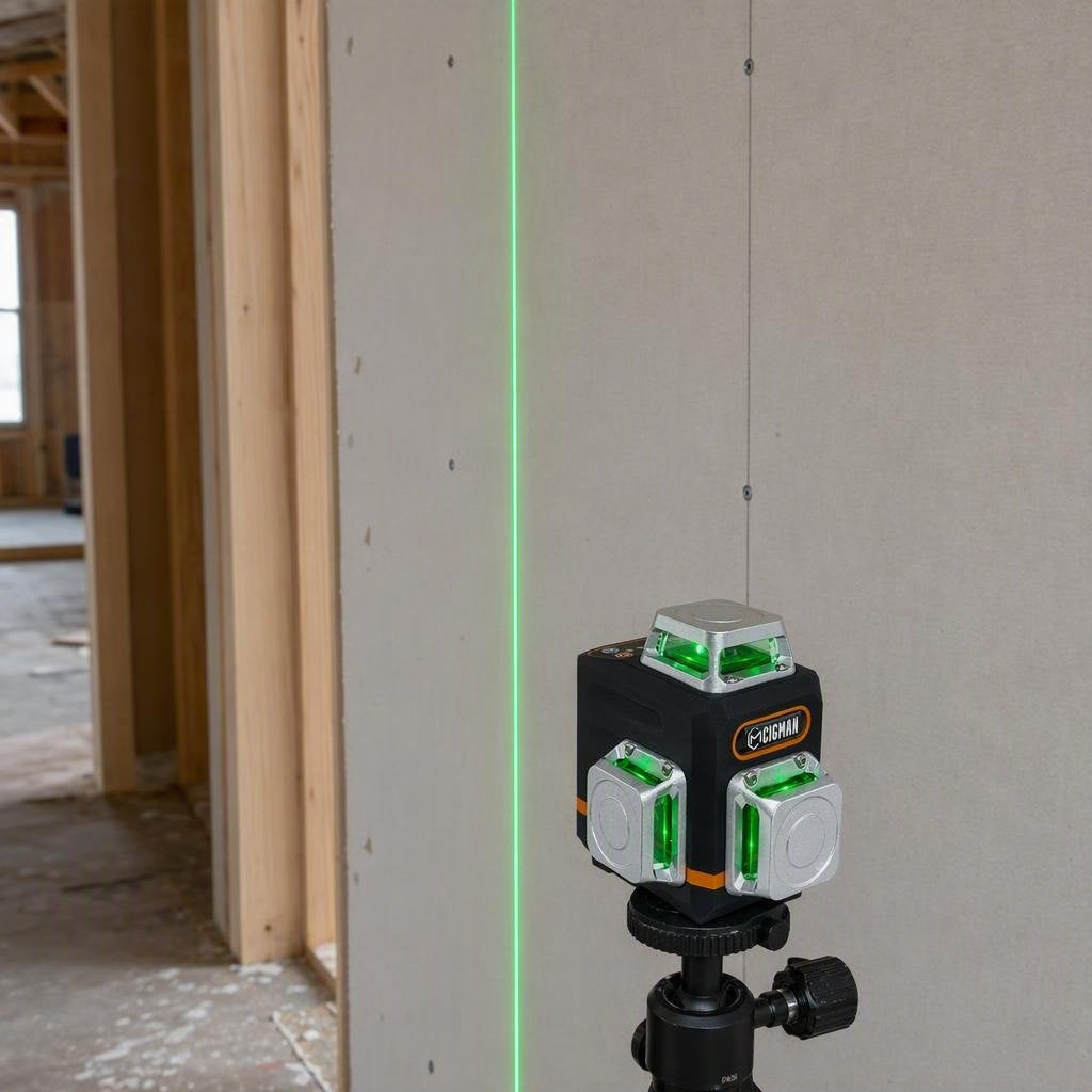 CIGMAN CM-701 green laser level projecting a vertical plumb line on a drywall wall in a house under construction